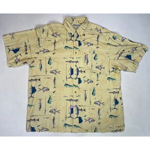Columbia Fish All Over Print Shirt Men XL Yellow Short Sleeve